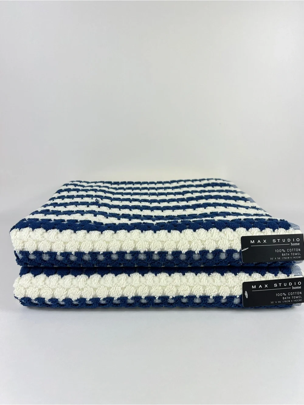 Max Studio Bath Towels Navy Cream Stripe Waffle Texture Soft Cotton 2 Pc NEW